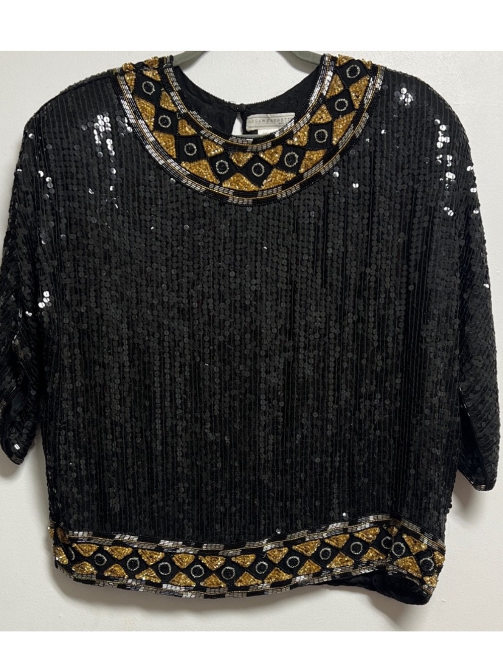 Vintage Megan Barrett Black and Gold Sequin Beaded Short Sleeve Top XXl